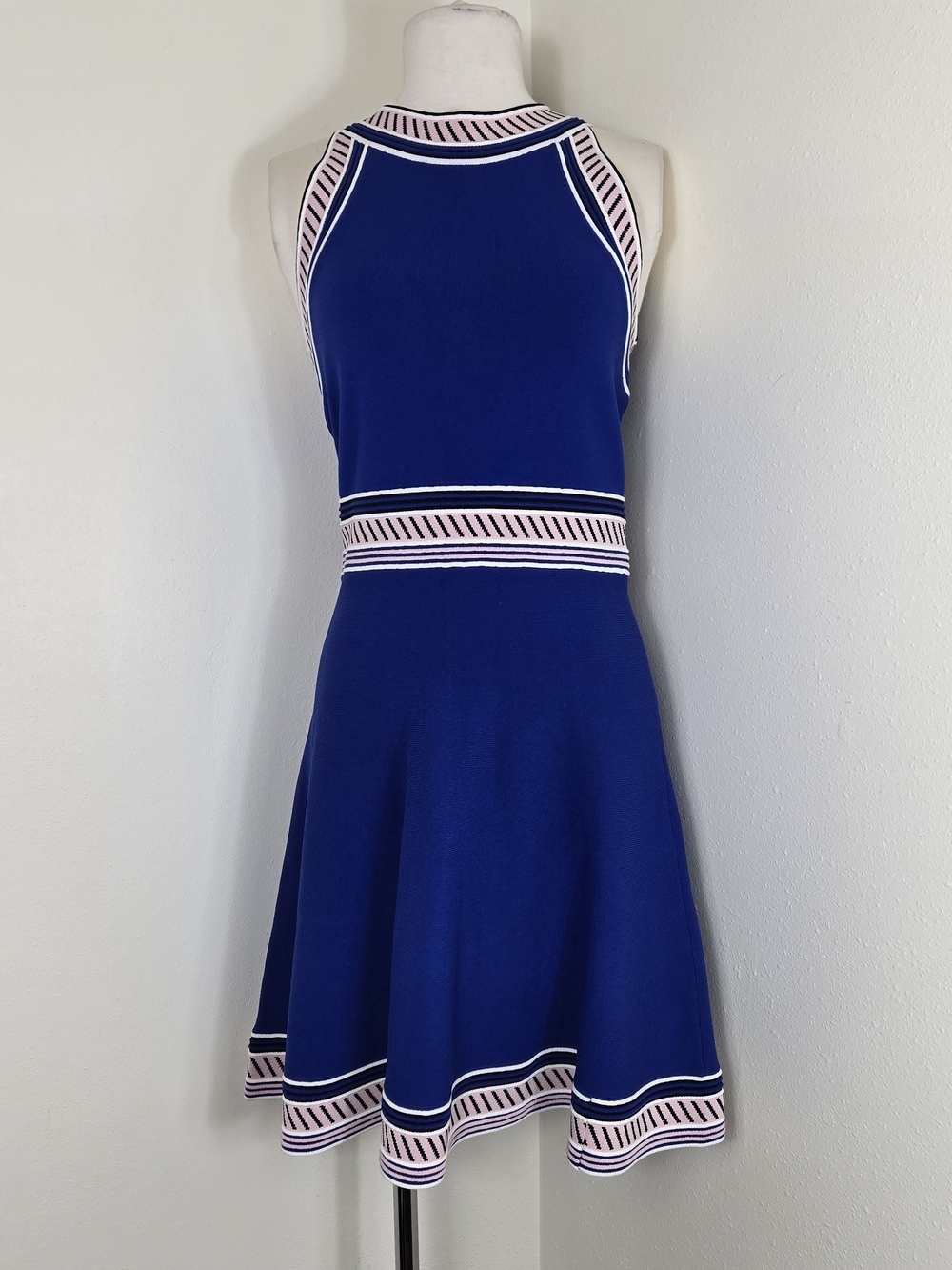 Vince Camuto Royal Blue Sleeveless Fit-and-Flare Dress with Pink-Striped Trim